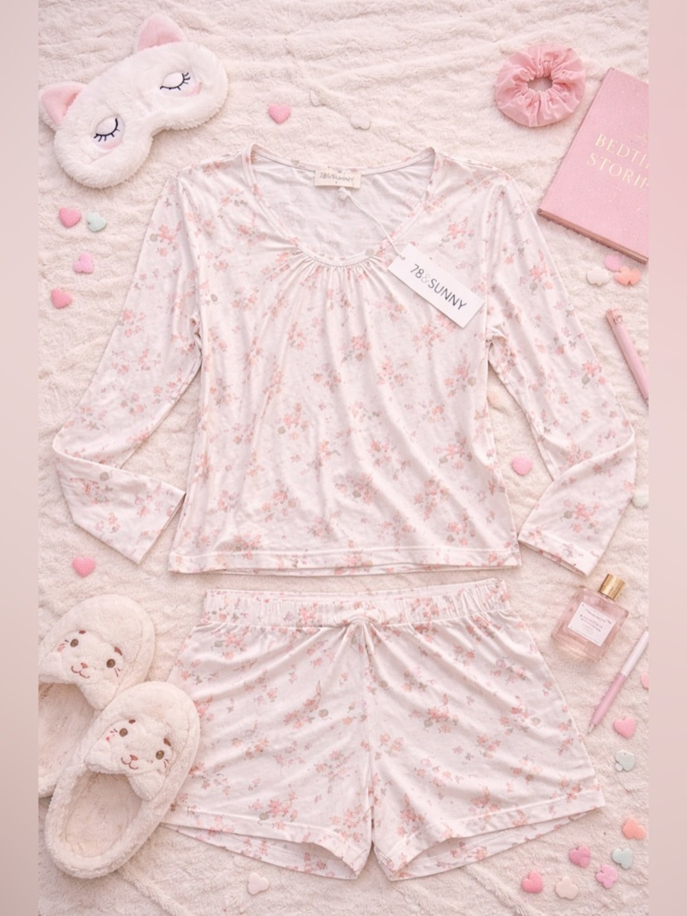 78 & Sunny Sweet Dreams Sleep Set Playful Kittens Cream Pajama Set S/M NWT